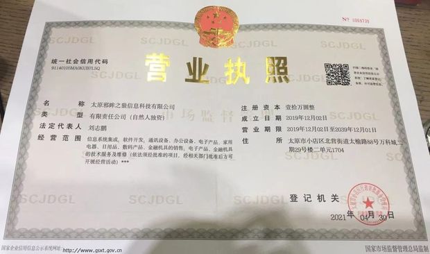 太原邪眸之狼信息科技有限公司 营业执照